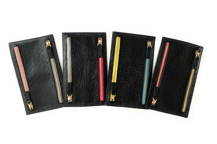 Multi currency Ostrich Leather Wallet - Travel Purse -  4 Zipped Compartments for different currencies - Four Coloured Zip to easy currency identification - myliora.com